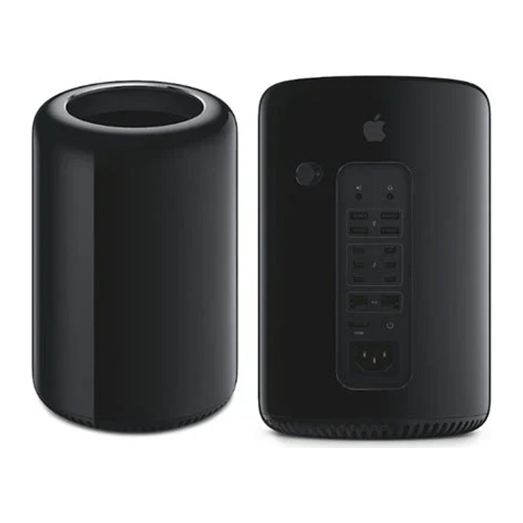 Brugt Apple Mac Pro Late 2013 i sort, set forfra og bagfra - testet og certificeret hos Green.dk