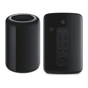 Brugt Apple Mac Pro Late 2013 i sort, set forfra og bagfra - testet og certificeret hos Green.dk