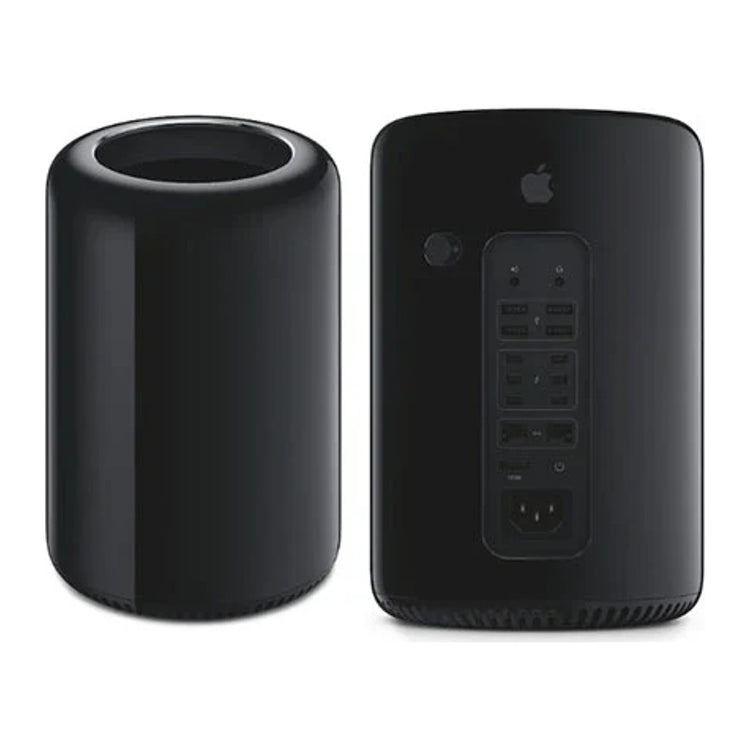 Brugt Apple Mac Pro Late 2013 i sort, set forfra og bagfra - testet og certificeret hos Green.dk